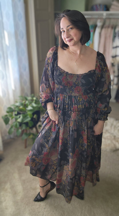 Floral-Print Smocked Bubble Sleeve Maxi Dress