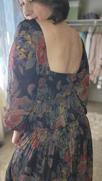 Floral-Print Smocked Bubble Sleeve Maxi Dress