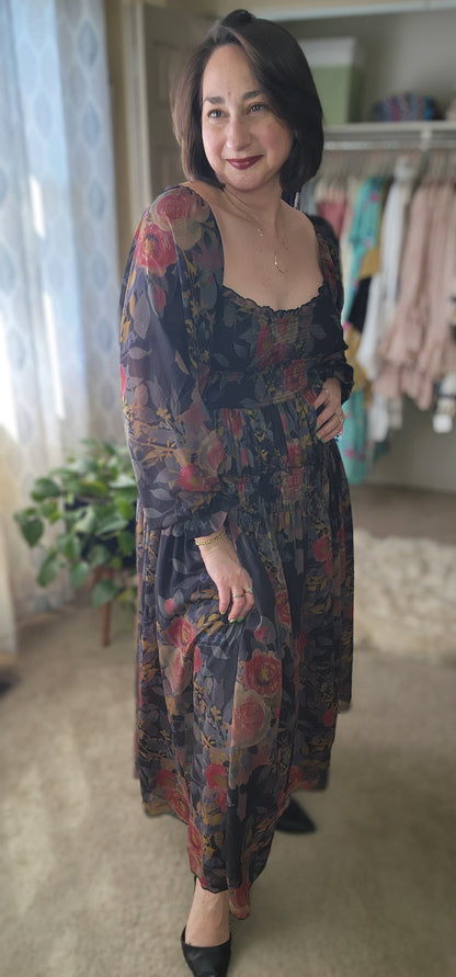 Floral-Print Smocked Bubble Sleeve Maxi Dress