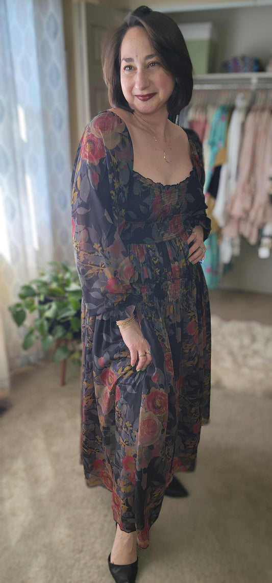 Floral-Print Smocked Bubble Sleeve Maxi Dress