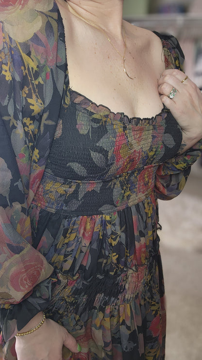 Floral-Print Smocked Bubble Sleeve Maxi Dress