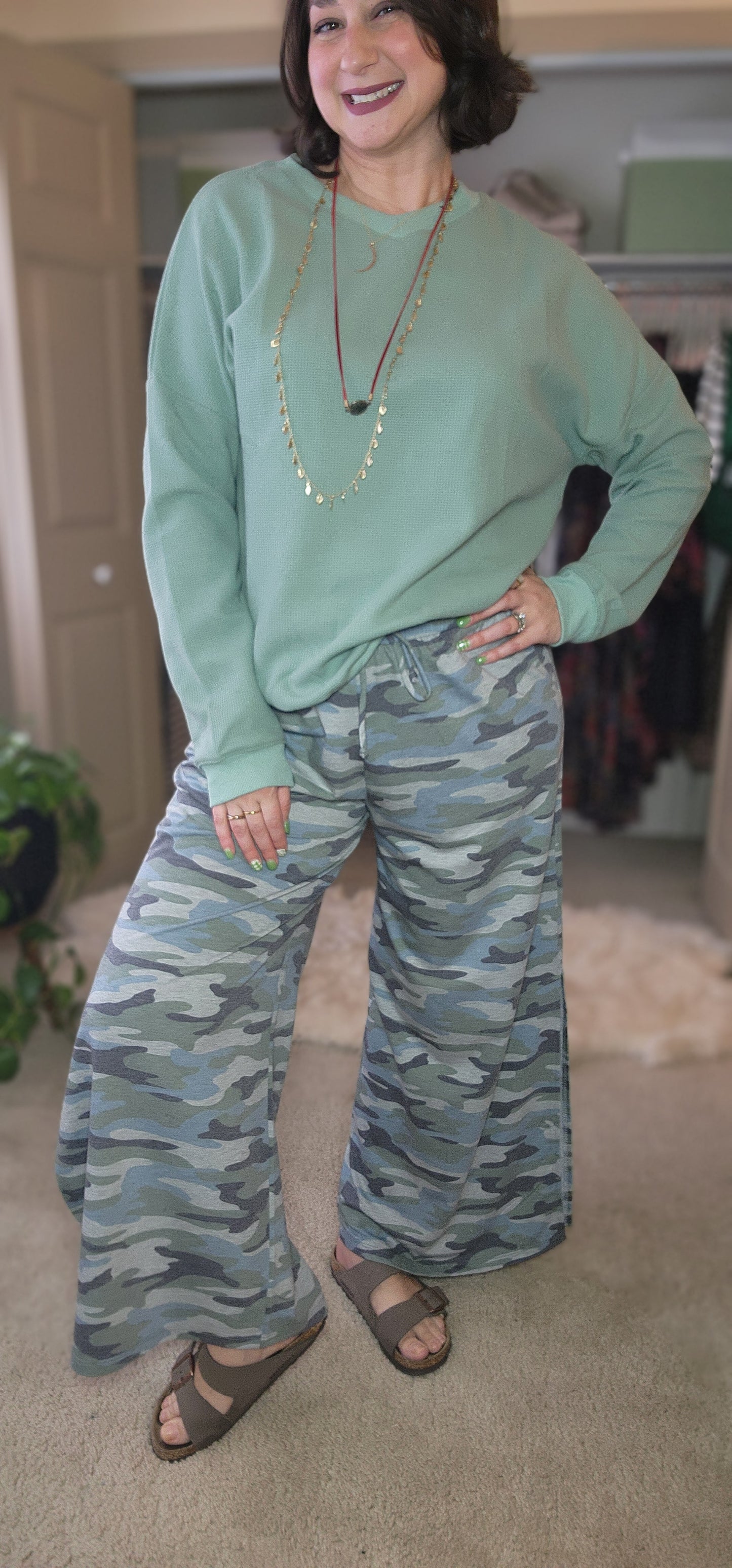 Casual Wanderer Wide Leg Slit Pants - Charcoal Camo Pant