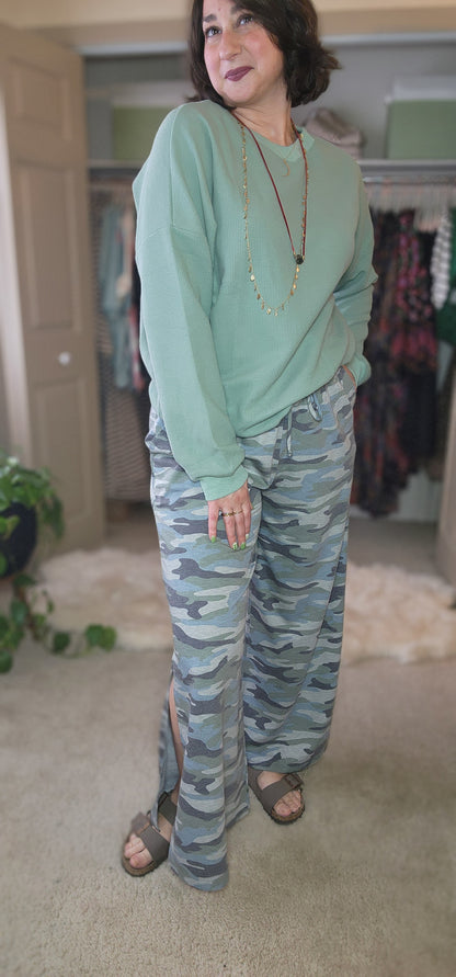 Casual Wanderer Wide Leg Slit Pants - Charcoal Camo Pant