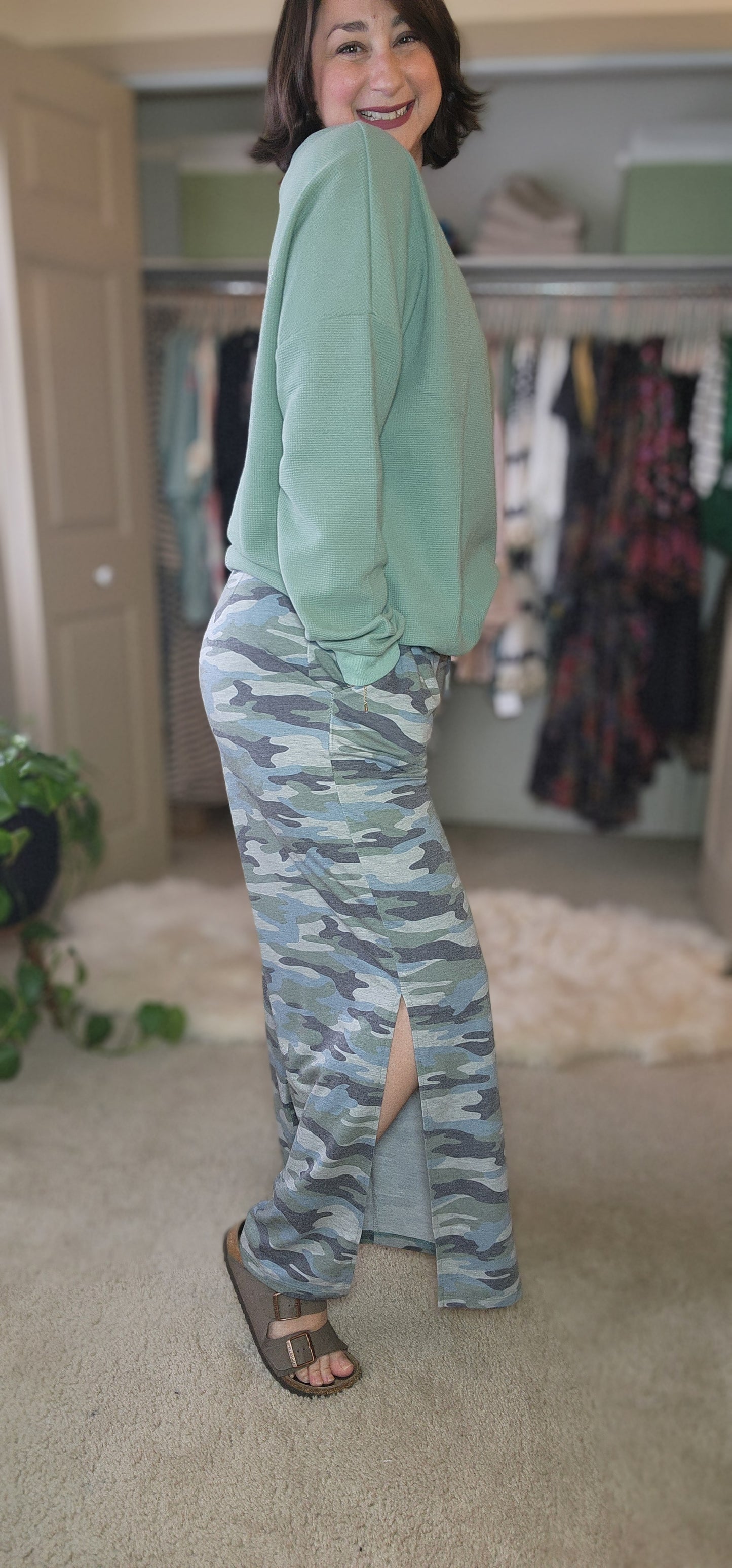 Casual Wanderer Wide Leg Slit Pants - Charcoal Camo Pant