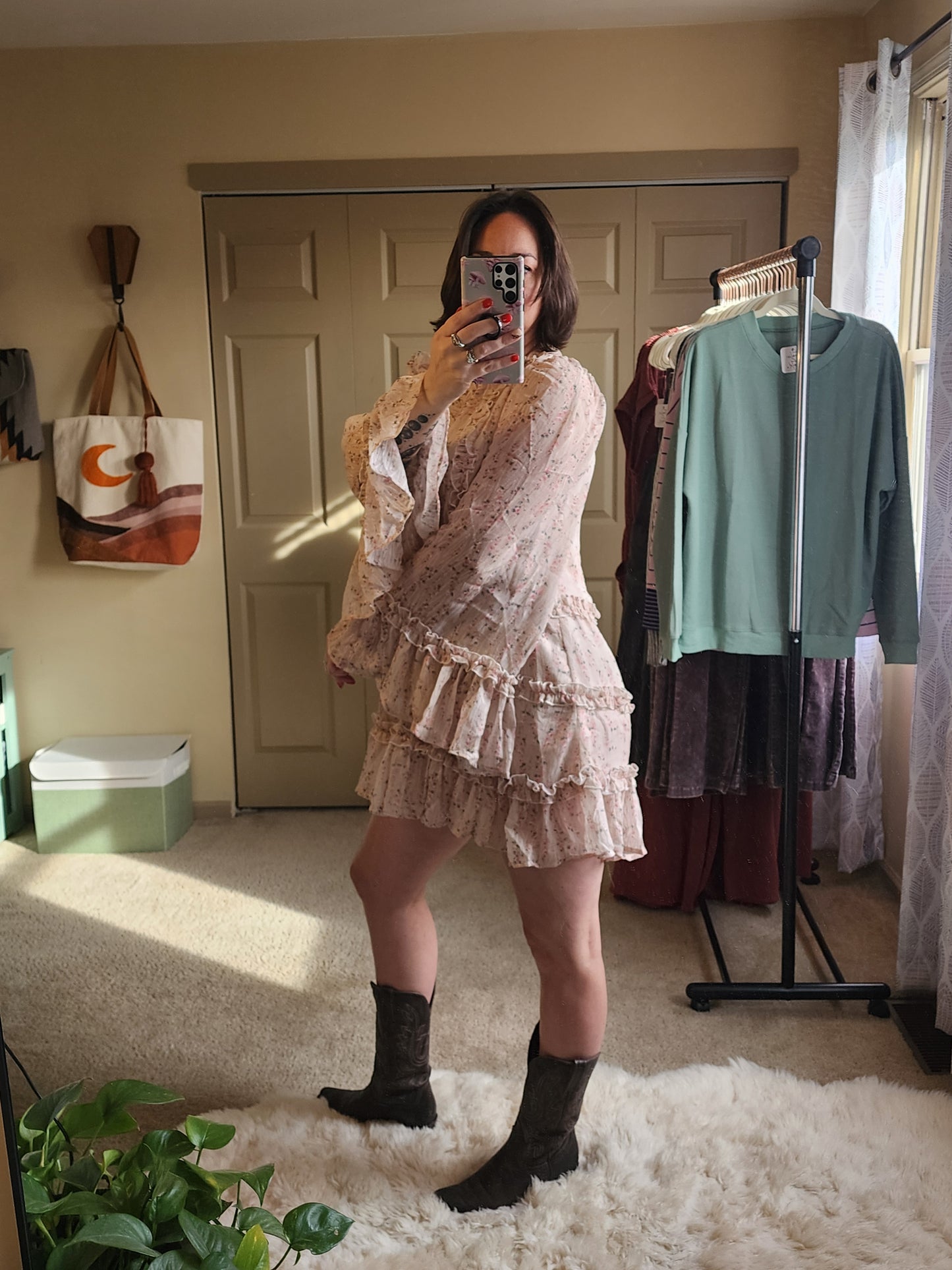 Woven Floral Ruffle Detail Mini Dress