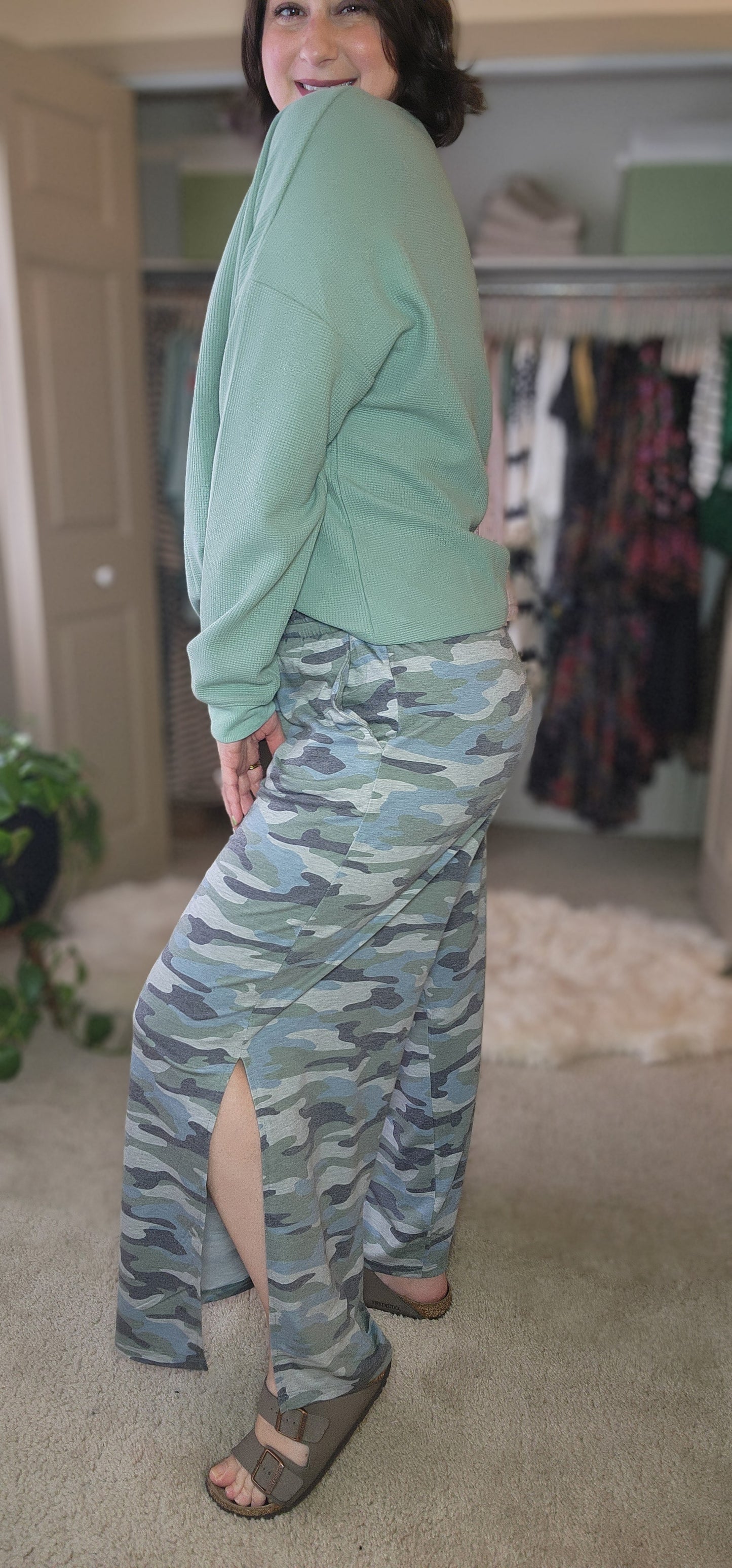 Casual Wanderer Wide Leg Slit Pants - Charcoal Camo Pant