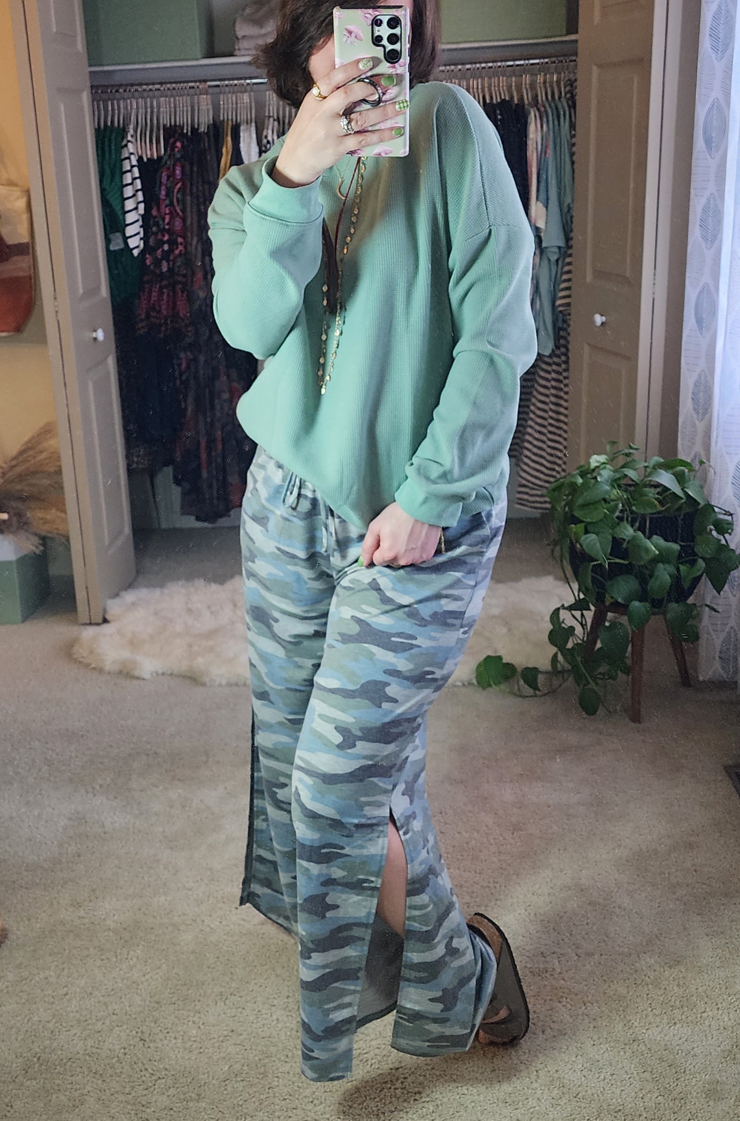 Casual Wanderer Wide Leg Slit Pants - Charcoal Camo Pant